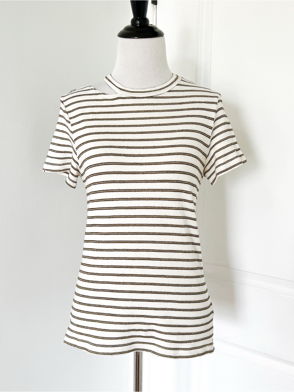 LNA Cream and Gold Striped Short Sleeve Crew Tee with Cutout Neck - Small